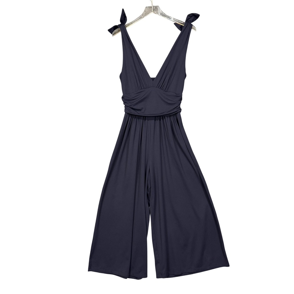 Susana Monaco Jumpsuit Womens Large Navy Blue Tie Shoulder V-Neck Wide Leg